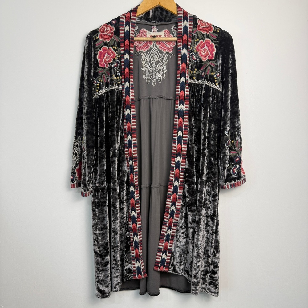 Driftwood Carly Velvet Embroidered Floral Kimono Duster Cardigan Size Small Gray